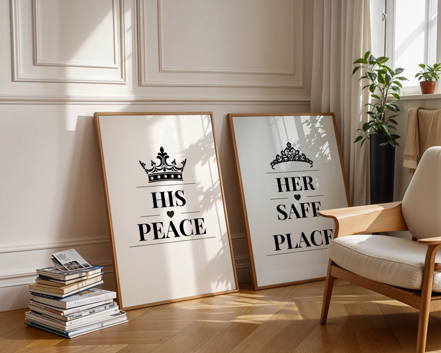 Two framed art prints leaning against a cream paneled wall in a sunlit room. The left print says 'HIS PEACE' with a crown above, and the right print says 'HER SAFE PLACE' with a crown above.