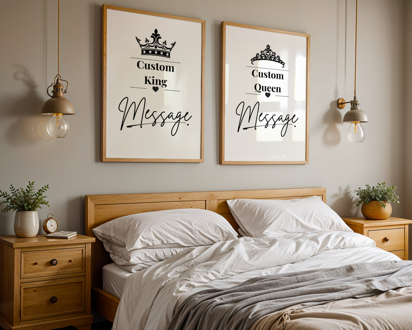 Two framed custom prints with black text and crowns hang above a wooden bed in a styled bedroom. The left print reads 'Custom King Message' and the right print reads 'Custom Queen Message'.