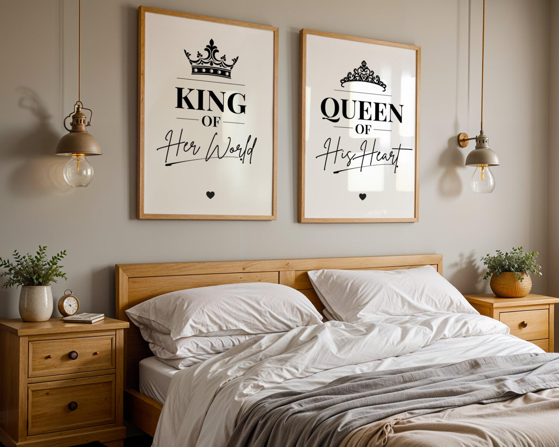 A styled bedroom scene with two framed wall art prints above a bed. The left print says KING Of Her World in black text with a crown graphic, and the right print says QUEEN Of His Heart with a crown graphic.