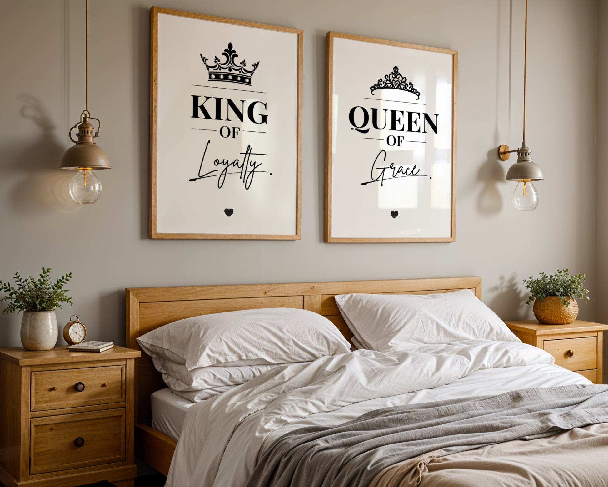 A styled bedroom scene with two framed wall art prints above a bed. The left print reads 'KING OF Loyalty' with a crown graphic, and the right print reads 'QUEEN OF Grace' with a tiara graphic.