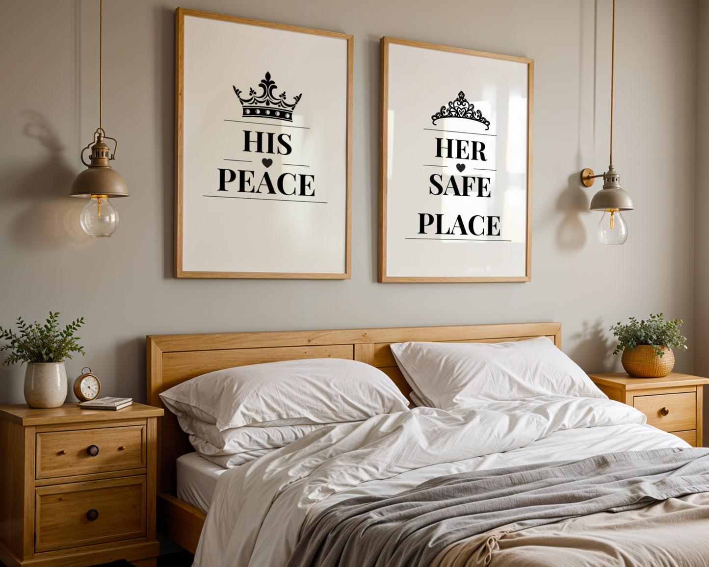 A styled bedroom scene with two framed wall art prints hanging above a bed. The left print reads “HIS PEACE” with a crown above, and the right print reads “HER SAFE PLACE” with a crown above.