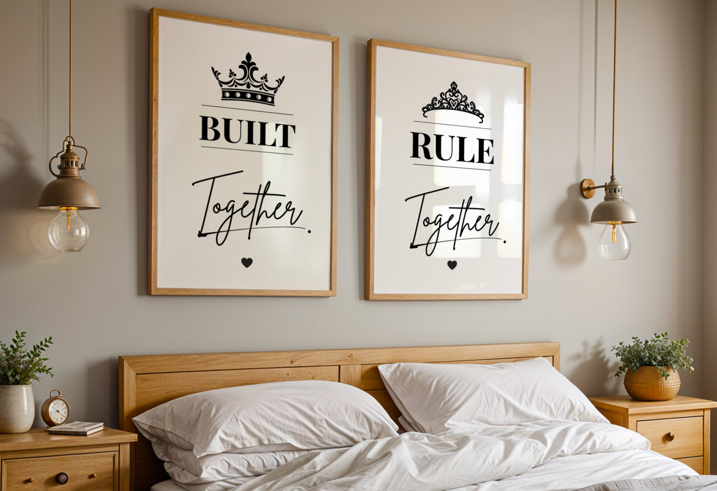 Two framed wall art prints hanging above a bed in a bedroom. The left print says 'BUILT Together. The right print says Rule Together'.