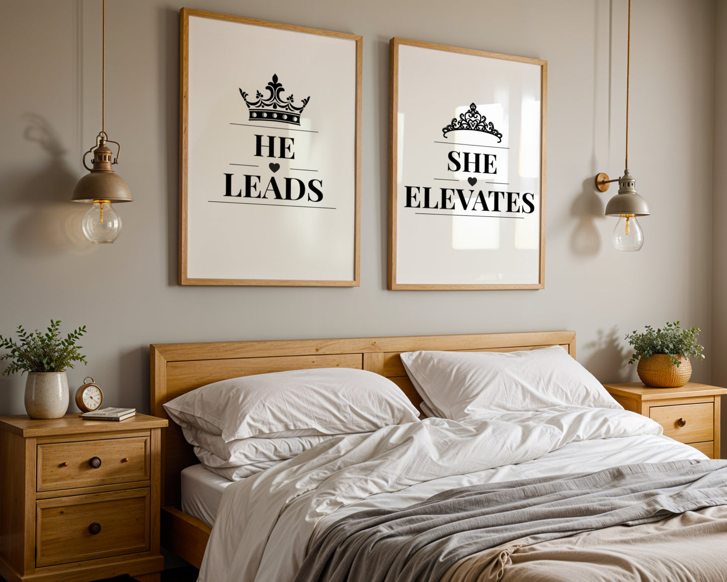 A styled bedroom scene with two framed wall art prints above a bed. The prints read 'HE LEADS' and 'SHE ELEVATES' with black typography and small crown motifs, set in light wood frames against a warm beige wall.