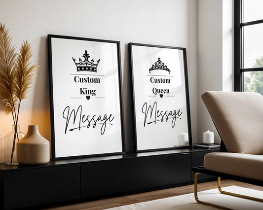 Custom King and Queen Wall Art Set, Personalised Couple Prints, Bedroom Decor Pair, Romantic Anniversary Gift