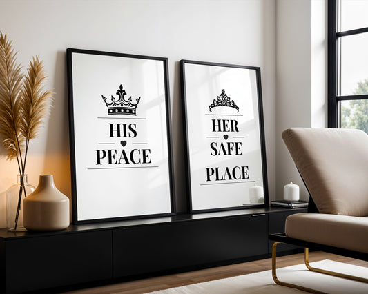Two framed black-and-white wall art prints leaning against a white wall in a modern living room. The left print says "HIS PEACE" with a crown above, and the right print says "HER SAFE PLACE" with a tiara above.