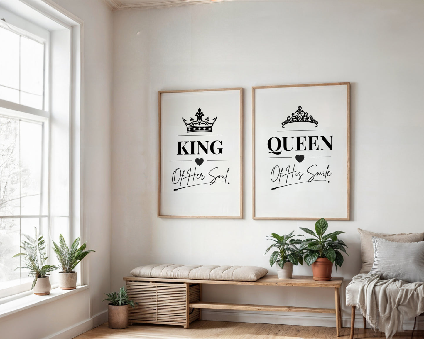 Two framed wall art prints hanging above a bench in a bright room. The left print says KING Offer Soul with a crown illustration, and the right print says QUEEN Offer Soul with a tiara illustration.