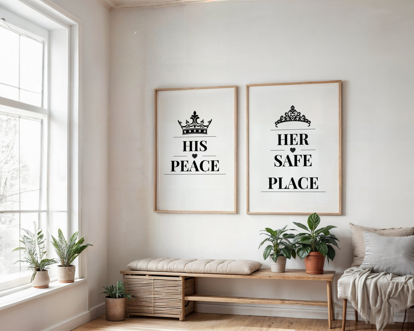 Two framed wall art prints hanging above a bench in a bright room. The left print says “HIS PEACE” with a crown above, and the right print says “HER SAFE PLACE” with a crown above.