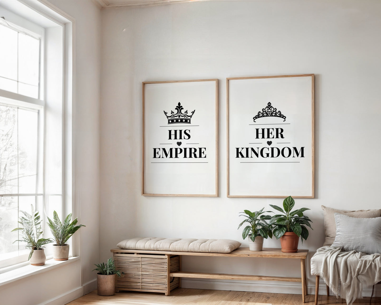 Two framed black-and-white decorative wall prints hang above a wooden bench in a bright room. The left print reads “HIS EMPIRE” with a crown above, and the right print reads “HER KINGDOM” with a crown above.