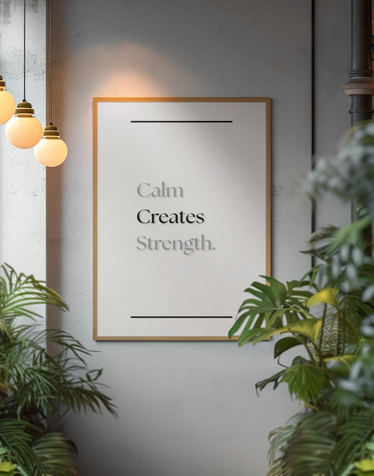 A framed minimalist wall art print with the text 'Calm Creates Strength.' in gray serif lettering on a white background, surrounded by green houseplants and warm pendant lights.