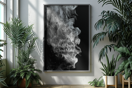 A framed vertical wall art print hanging on a light gray wall, featuring a black-and-white smoke graphic with the text 'Strength Is A Choice You Make Daily.' The room is styled with potted green plants on both sides.