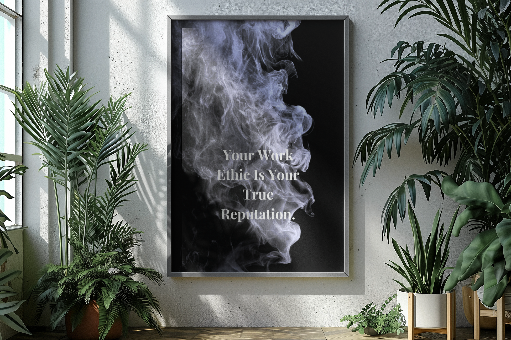 Living room with plants and motivational poster on wall