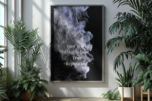 Living room with plants and motivational poster on wall