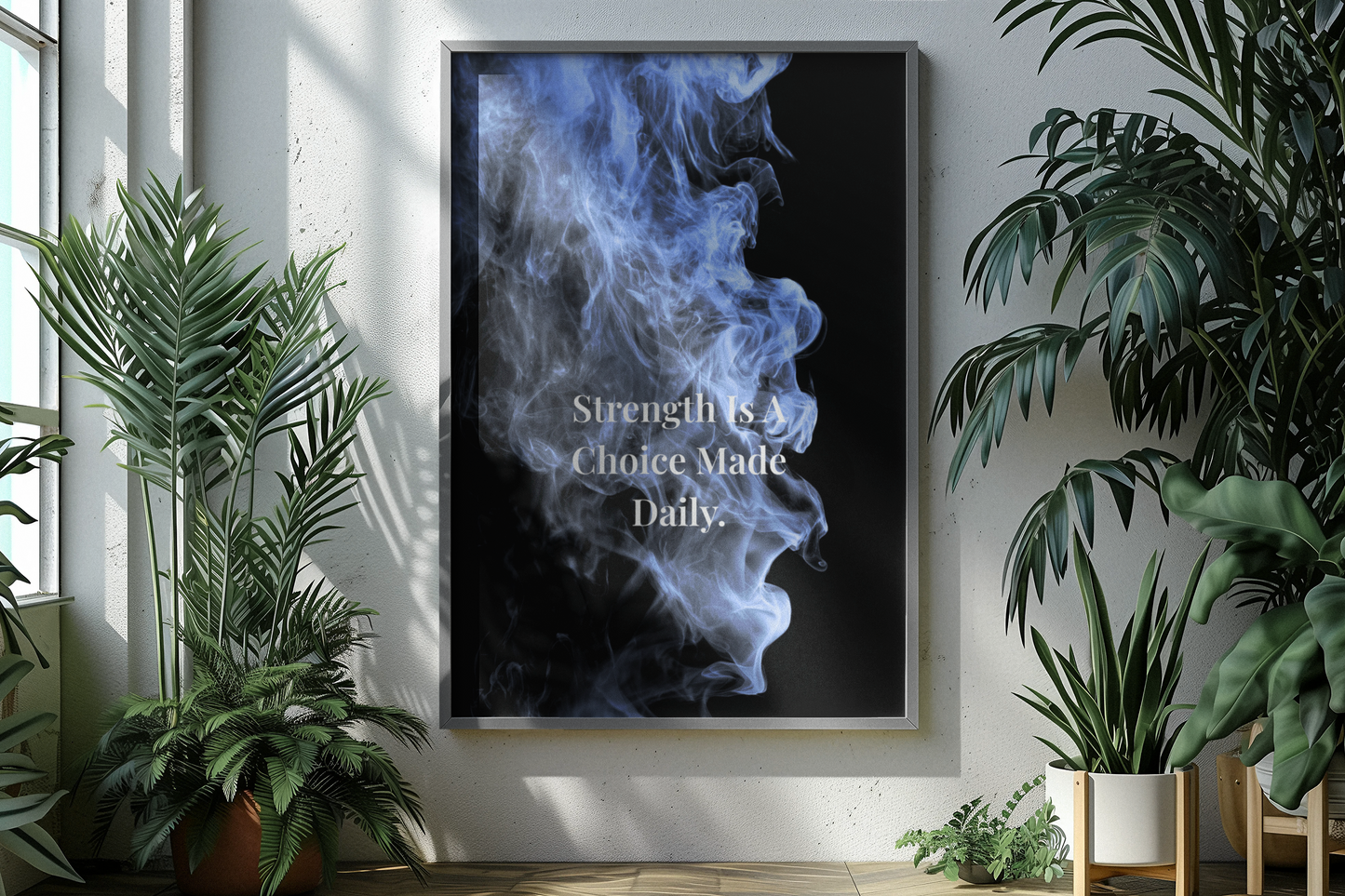 A framed vertical wall art print hangs on a light wall in a styled interior. The artwork shows a black background with blue-white smoke.