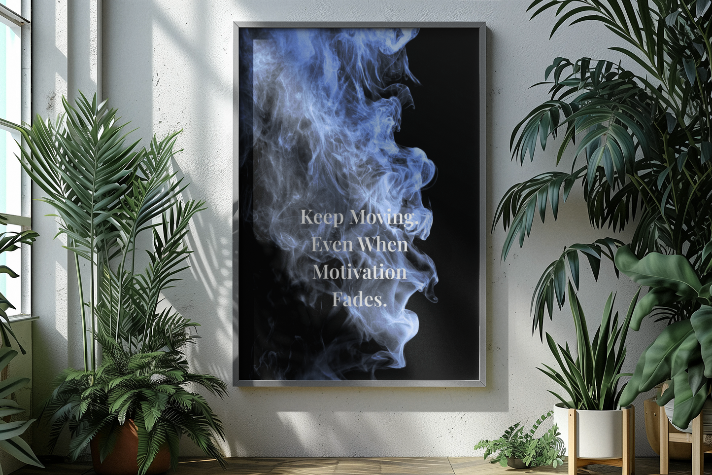 A framed vertical wall art print hangs on a light wall in a styled interior. The print shows a black background with blue smoke and the typography.
