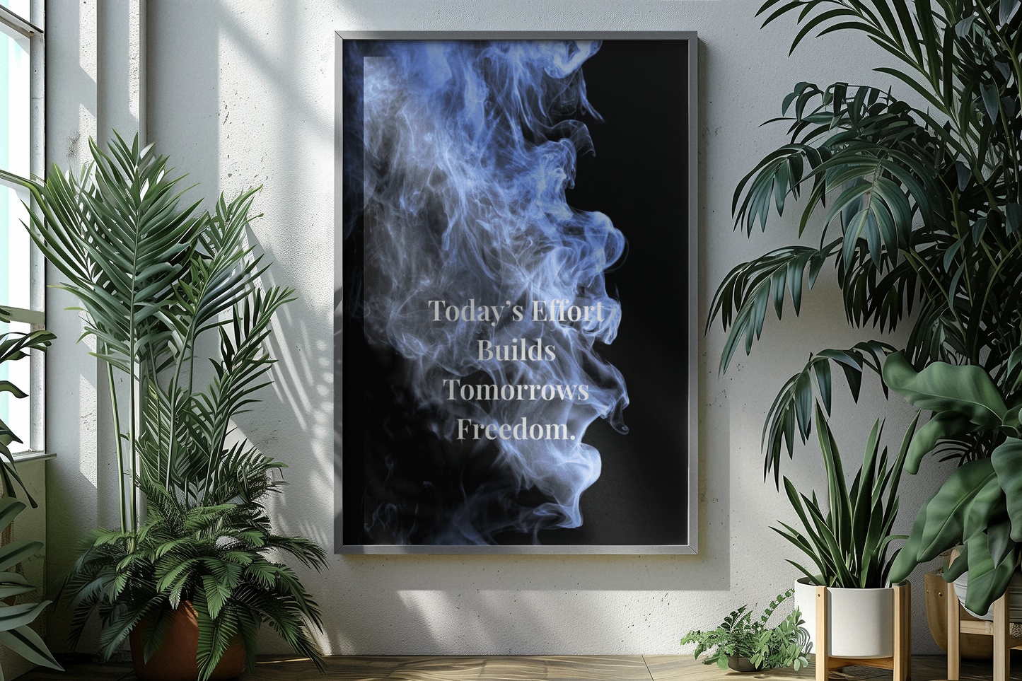 A framed vertical wall art print hangs on a light wall in a styled interior. The print shows a black background with blue smoke and the typography.
