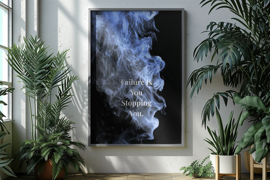 A framed vertical wall art print hangs on a light wall in a styled interior. The print shows a black background with blue smoke and the typography.
