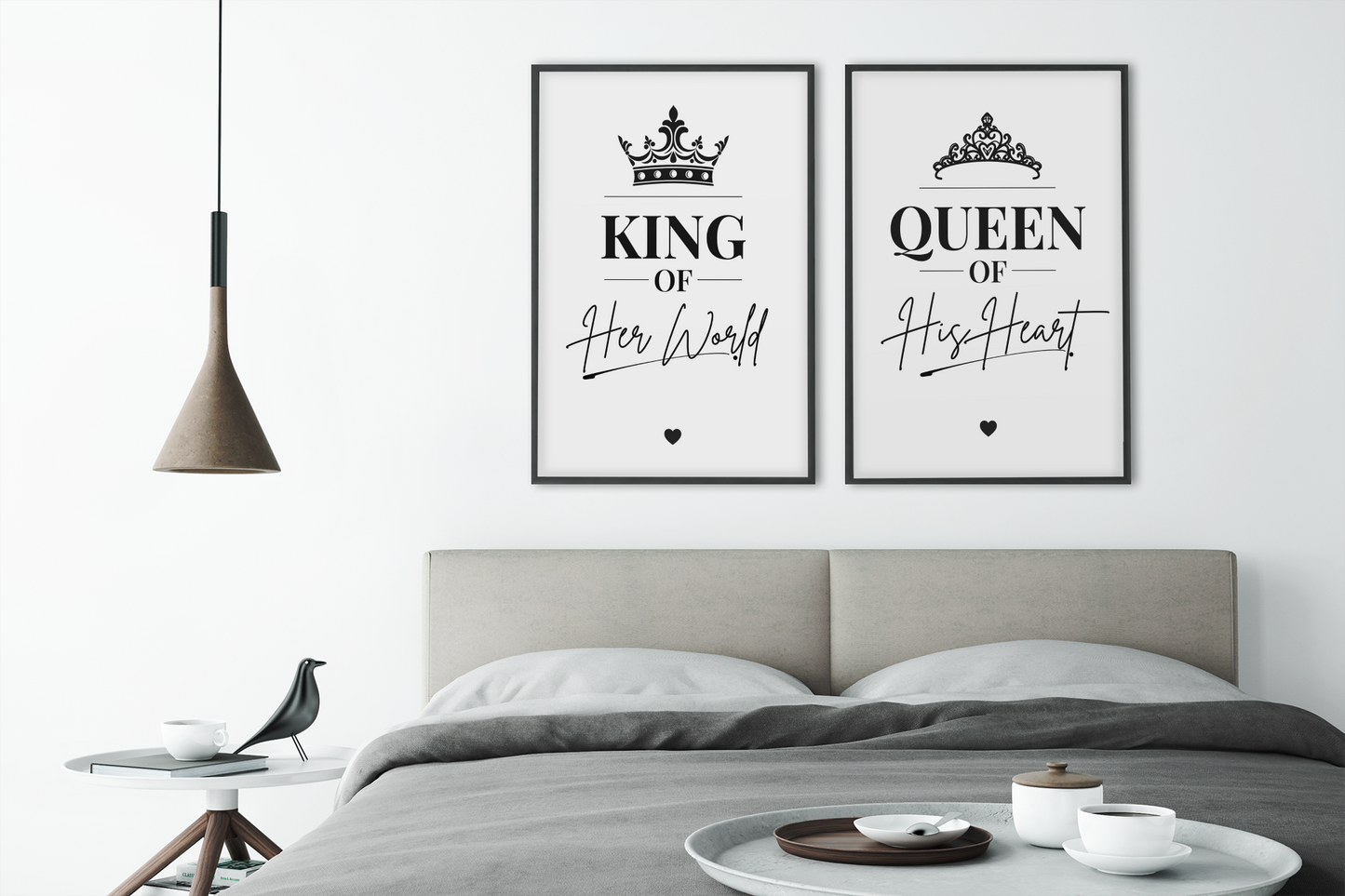 King of Her World Queen of His Heart Wall Art Set, Romantic Couple Prints, Bedroom Decor Pair, His and Hers Gift