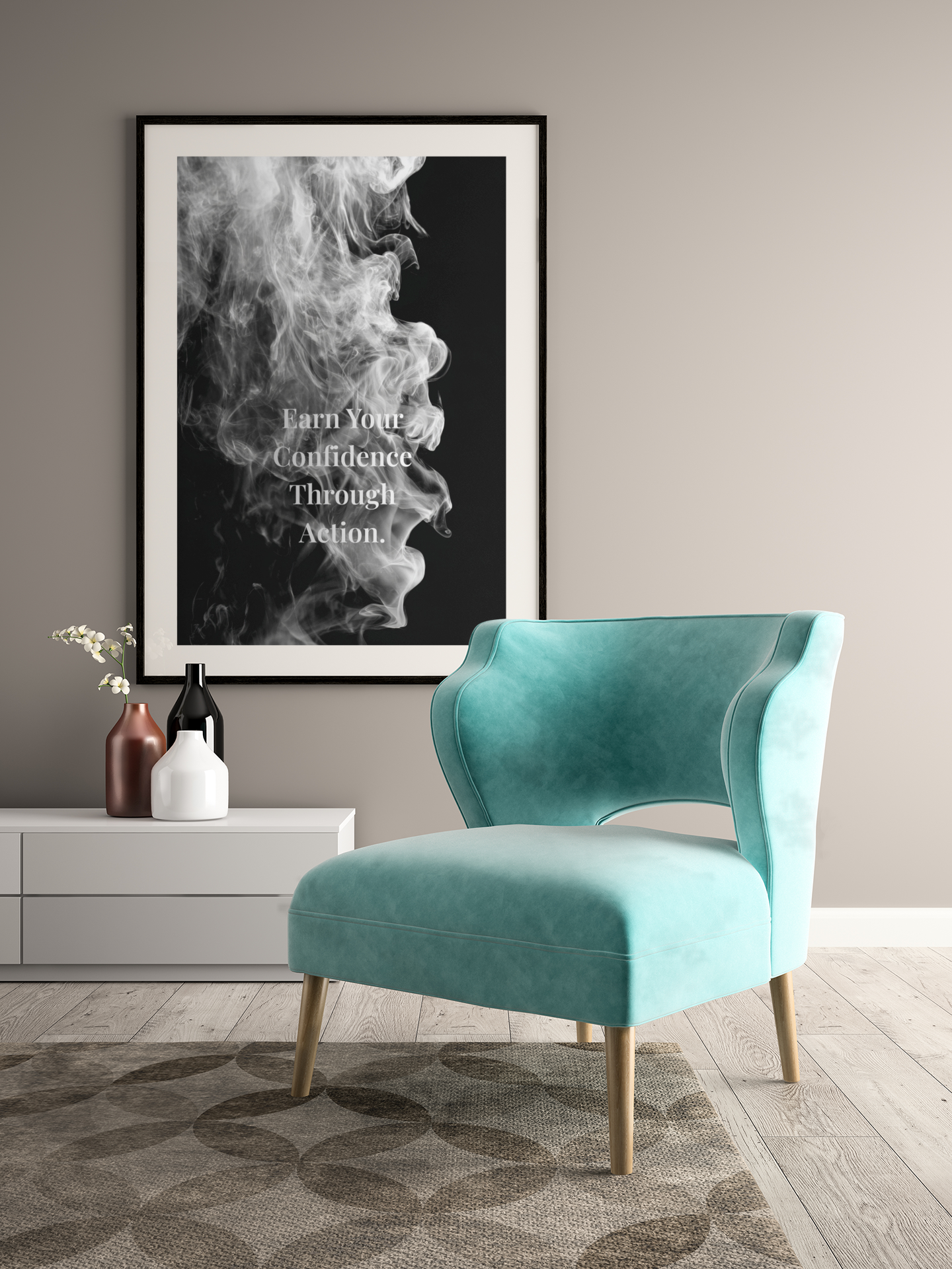 Earn Your Confidence Through Action Motivational Poster | Smoke Edition | Gym, Office & Mindset Decor