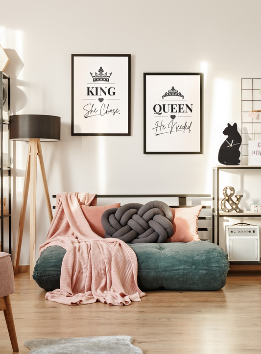 King She Chose Queen He Needed Wall Art Set, Romantic Couple Prints, Bedroom Decor Pair, Meaningful Relationship Gift