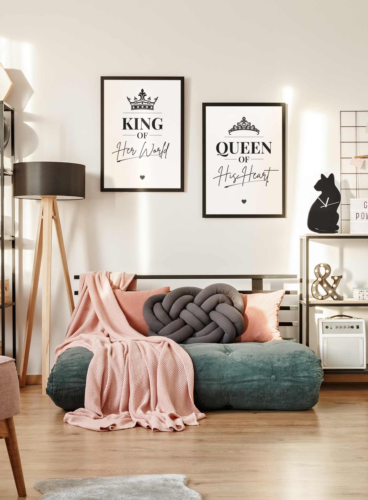 King of Her World Queen of His Heart Wall Art Set, Romantic Couple Prints, Bedroom Decor Pair, His and Hers Gift