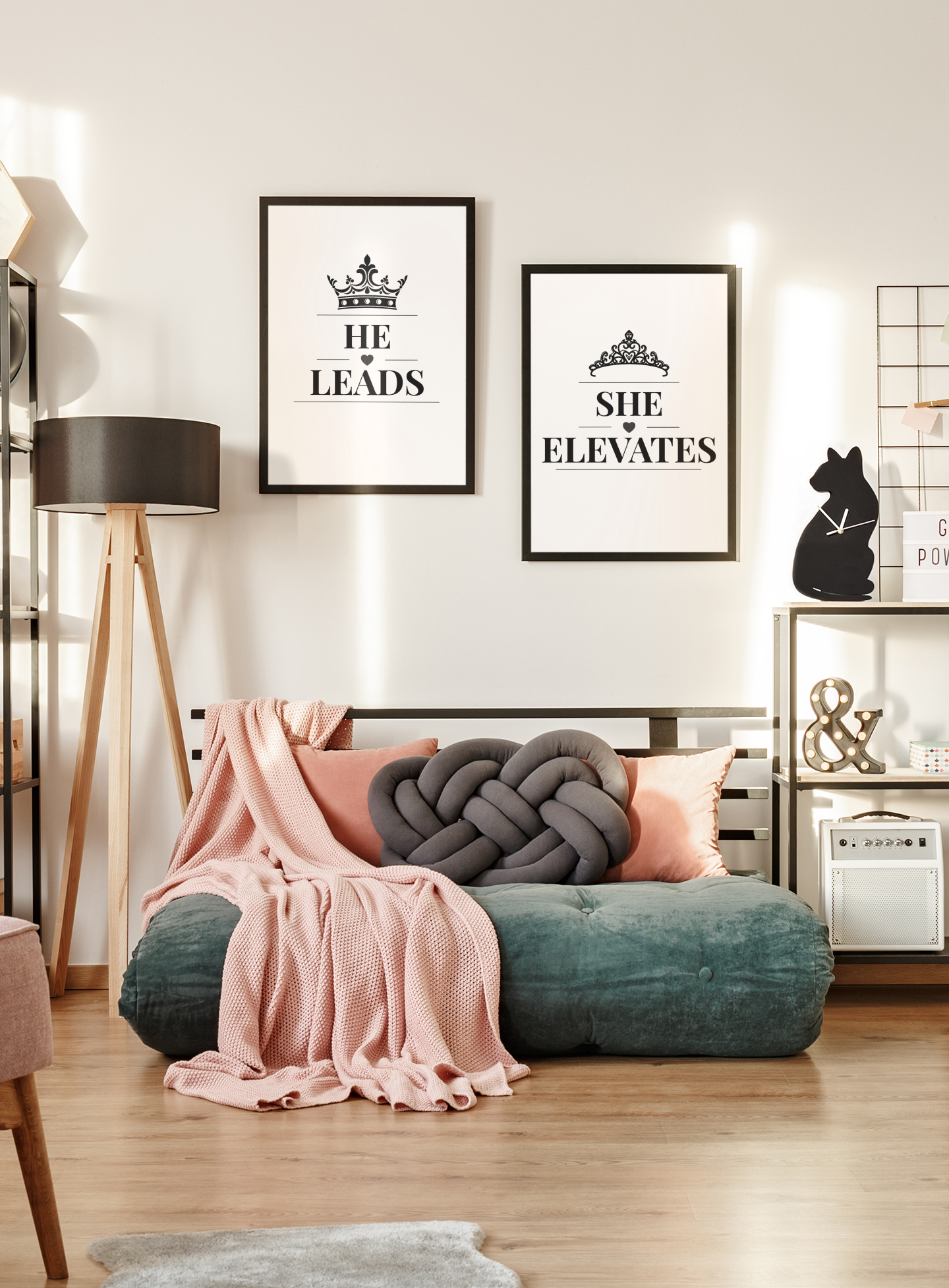 He Leads She Elevates Wall Art Set, Modern Couple Prints, Bedroom Decor Pair, Meaningful Relationship Gift