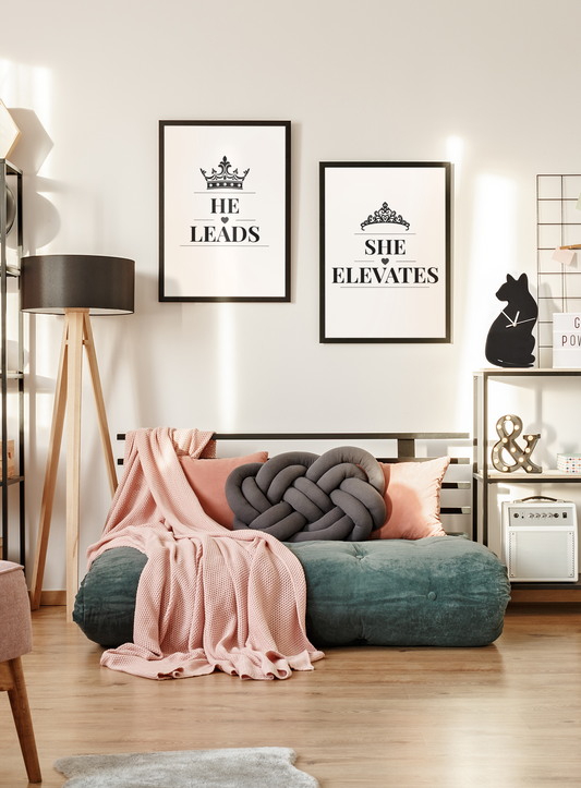 He Leads She Elevates Wall Art Set, Modern Couple Prints, Bedroom Decor Pair, Meaningful Relationship Gift