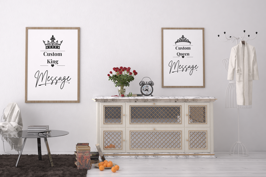Custom King and Queen Wall Art Set, Personalised Couple Prints, Bedroom Decor Pair, Romantic Anniversary Gift
