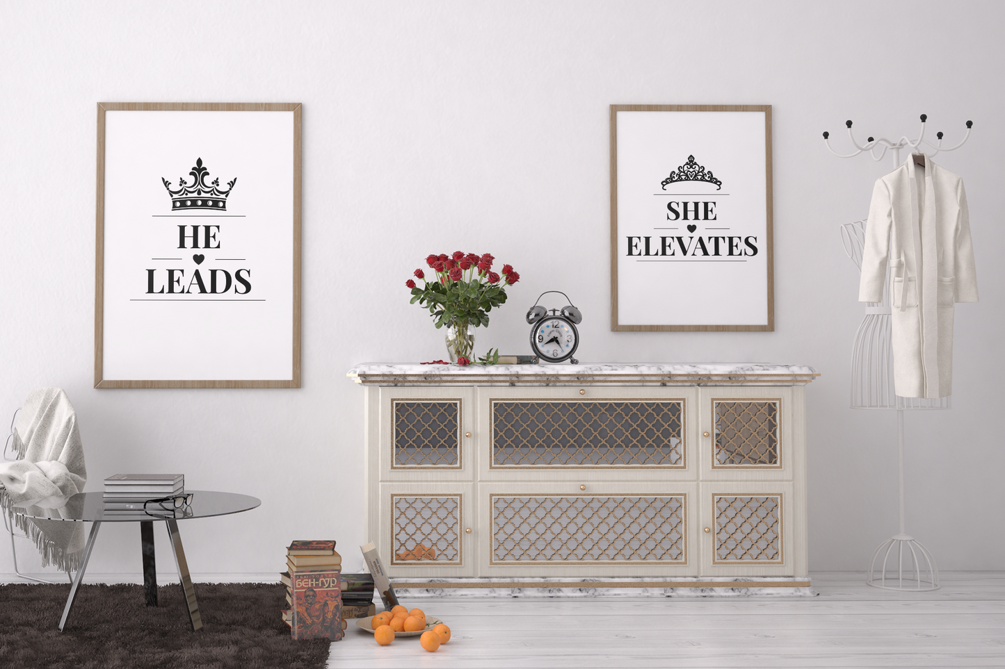 He Leads She Elevates Wall Art Set, Modern Couple Prints, Bedroom Decor Pair, Meaningful Relationship Gift