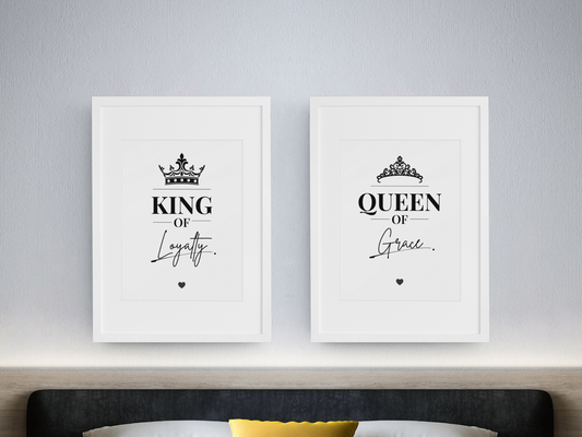 King of Loyalty Queen of Grace Wall Art Set, Elegant Couple Prints, Bedroom Decor Pair, Romantic Gift for Couples