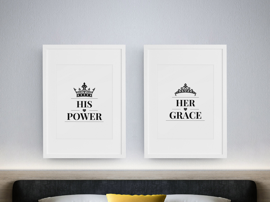 His Power Her Grace Wall Art Set, Elegant Couple Prints, Bedroom Decor Pair, Romantic Relationship Gift