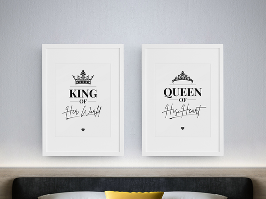 King of Her World Queen of His Heart Wall Art Set, Romantic Couple Prints, Bedroom Decor Pair, His and Hers Gift