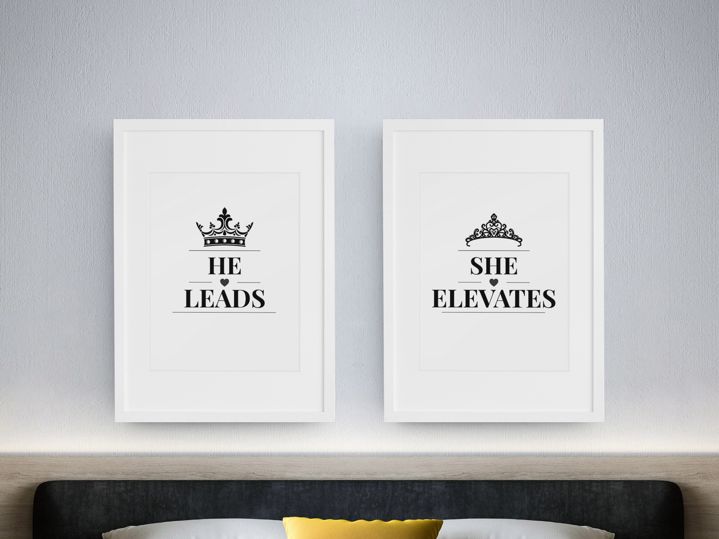 He Leads She Elevates Wall Art Set, Modern Couple Prints, Bedroom Decor Pair, Meaningful Relationship Gift