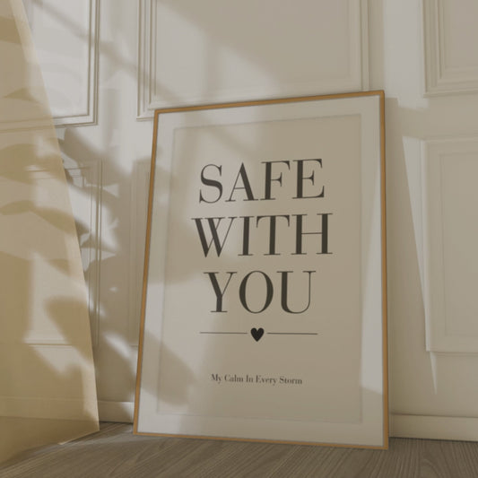 Safe With You Wall Art Print, Romantic Bedroom Quote Poster, Couple Wall Decor, Meaningful Relationship Gift